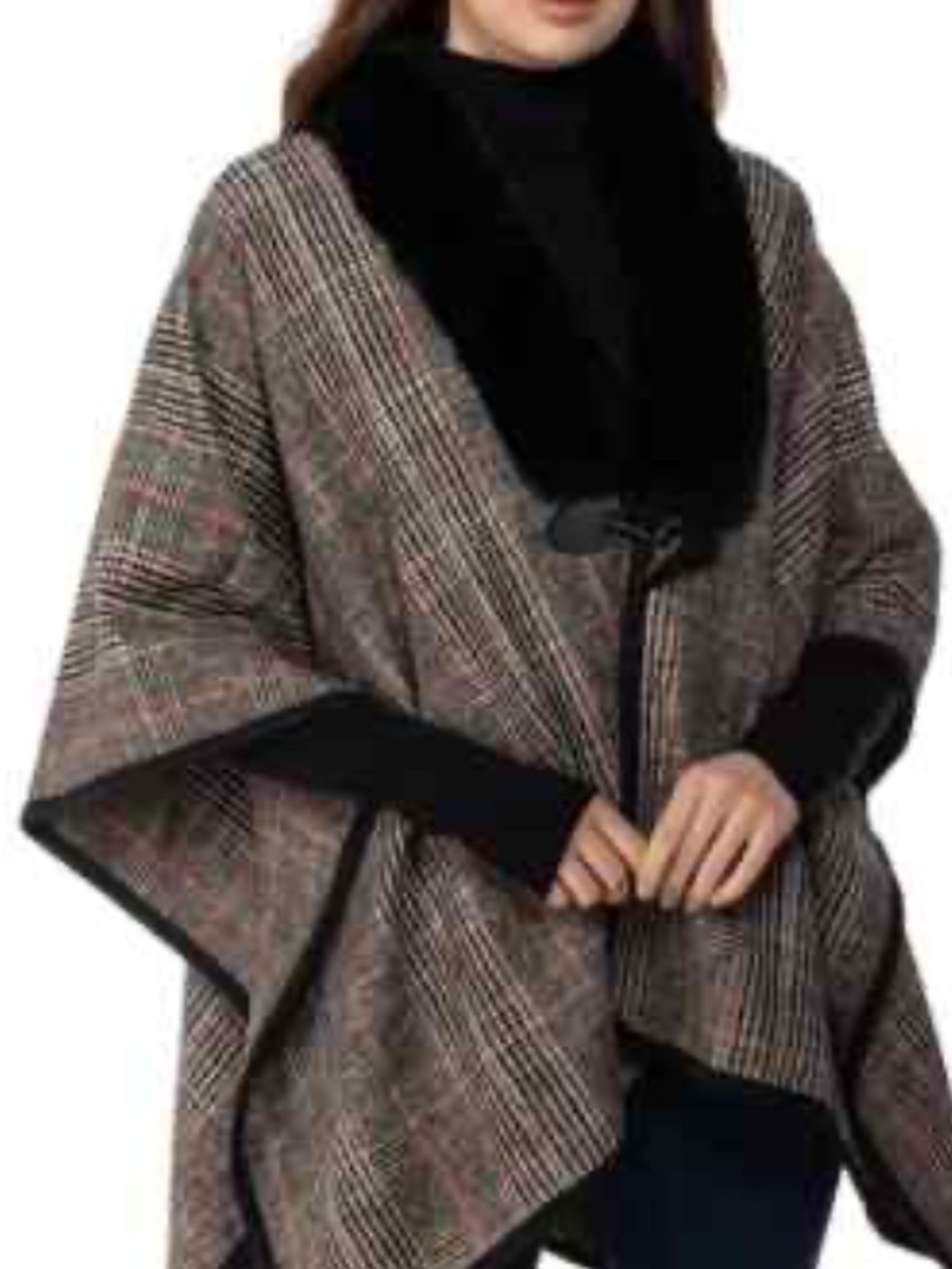 Charter Club Plaid Wrap Cape with Black Faux Fur Collar